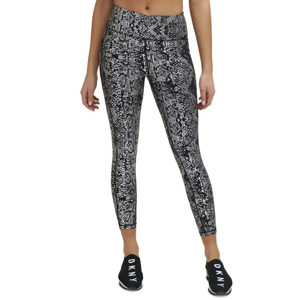 Dkny Sport Leggings Women's XS Metallic Snake-Print High-Waist 7/8 Silver Gym